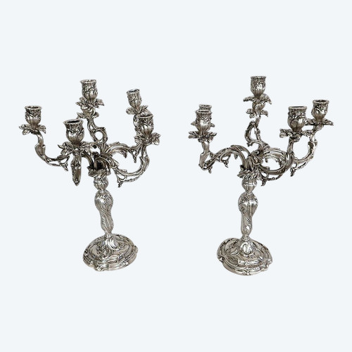 Paire de Candélabres en Bronze Argenté, style Louis XV – XIXe