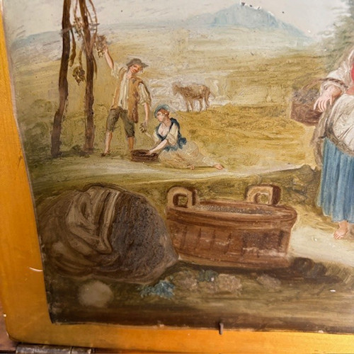 Antica coppia splendidi dipinti su vetro epoca XVIII sec . scuola veneta. Scene contadine mis 46 x 3