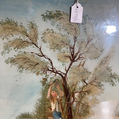 Antica coppia splendidi dipinti su vetro epoca XVIII sec . scuola veneta. Scene contadine mis 46 x 3