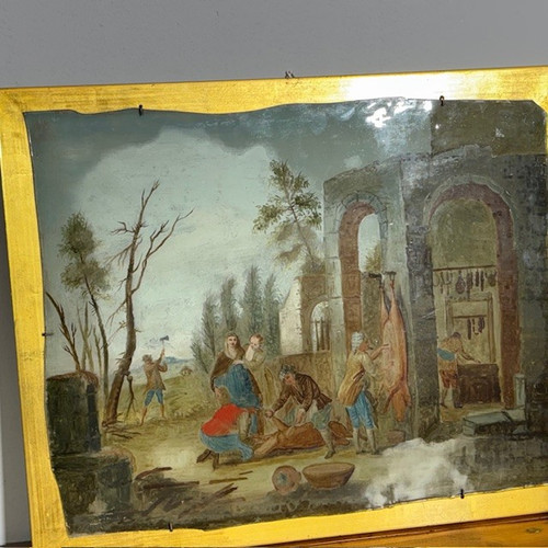 Antica coppia splendidi dipinti su vetro epoca XVIII sec . scuola veneta. Scene contadine mis 46 x 3
