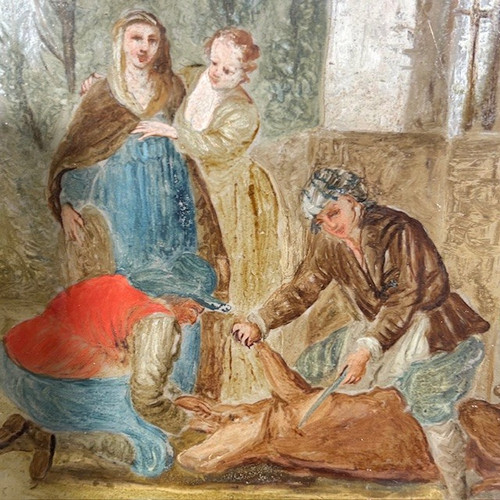 Antica coppia splendidi dipinti su vetro epoca XVIII sec . scuola veneta. Scene contadine mis 46 x 3
