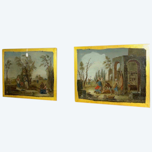 Antica coppia splendidi dipinti su vetro epoca XVIII sec . scuola veneta. Scene contadine mis 46 x 3