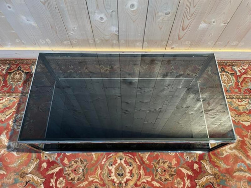 Table basse 1970 en chrome et verre fumé 