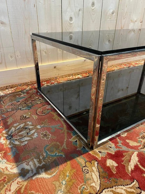 Table basse 1970 en chrome et verre fumé 