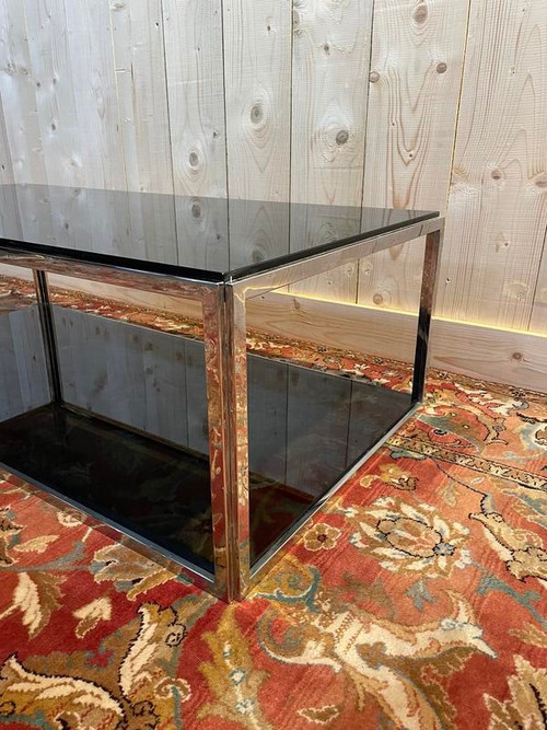 Table basse 1970 en chrome et verre fumé 