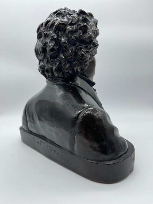 Grand Buste de Beethoven en Terre Cuite avec Patine Bronze