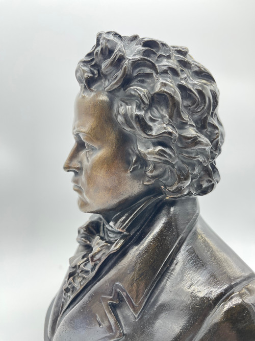 Grand Buste de Beethoven en Terre Cuite avec Patine Bronze