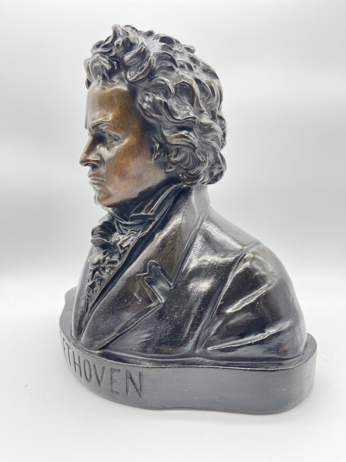 Grand Buste de Beethoven en Terre Cuite avec Patine Bronze