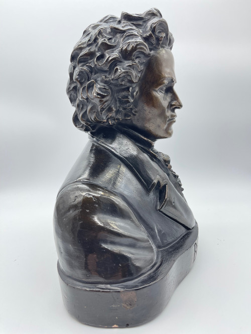 Grand Buste de Beethoven en Terre Cuite avec Patine Bronze