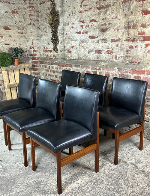 Scandinavian teak and black skai chairs (set of 6) by Vanson 1970'S