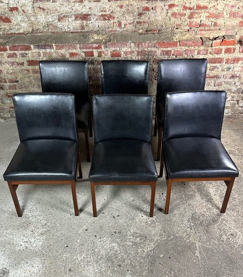 Scandinavian teak and black skai chairs (set of 6) by Vanson 1970'S
