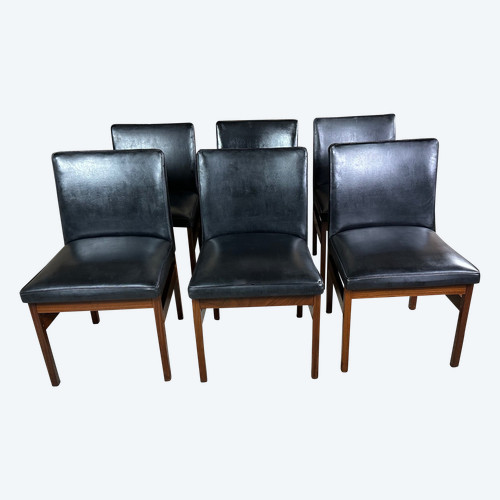 Scandinavian teak and black skai chairs (set of 6) by Vanson 1970'S