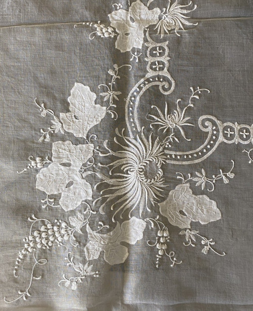 Nappe En Lin à Décor Fleurs, Raisins, Feuilles De Vigne Début XX ème