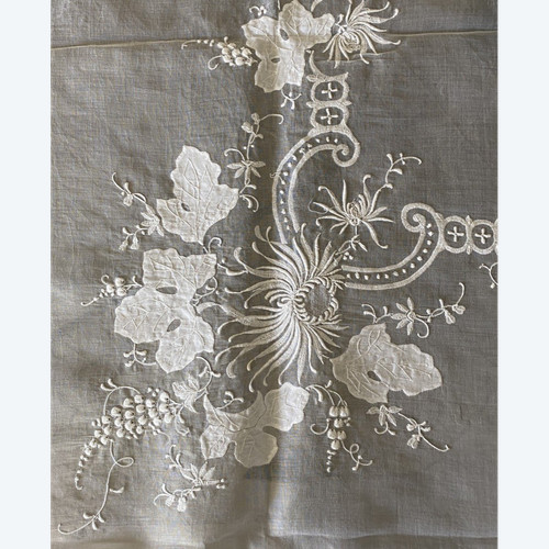 Nappe En Lin à Décor Fleurs, Raisins, Feuilles De Vigne Début XX ème