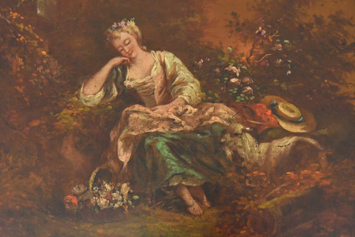 Sella in legno dipinto decorata con una donna seduta con cesto di fiori e paesaggio