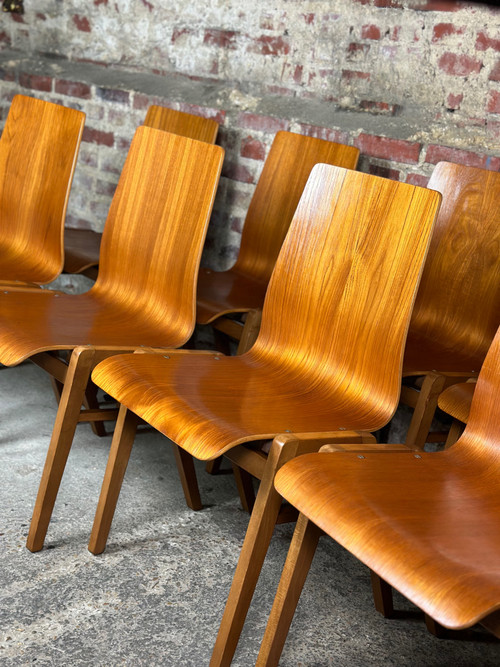 Scandinavian thermoformed beech chairs (set of 8) 1960'S