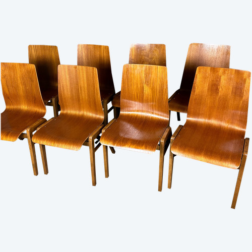 Scandinavian thermoformed beech chairs (set of 8) 1960'S