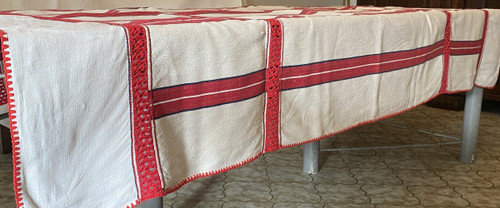Rustic Linen and Hemp Tablecloth with Red Stripes 19th C