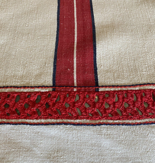 Rustic Linen and Hemp Tablecloth with Red Stripes 19th C