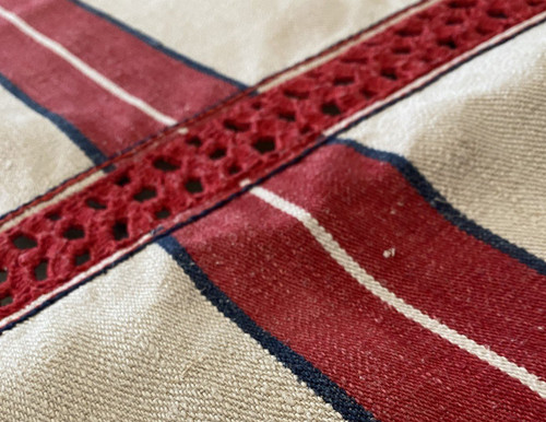 Rustic Linen and Hemp Tablecloth with Red Stripes 19th C