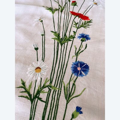 Tovaglia di lino con bouquet di campagna XIX secolo