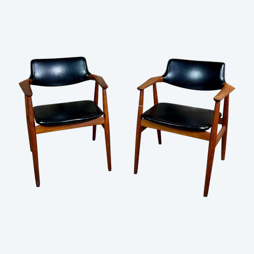Scandinavian armchairs (pair) in teak and skai by Erik Kirkegaard 60'S