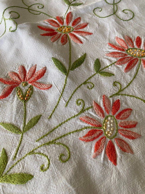 Linen Tablecloth Embroidered With Flowers And Arabesques 19th C.