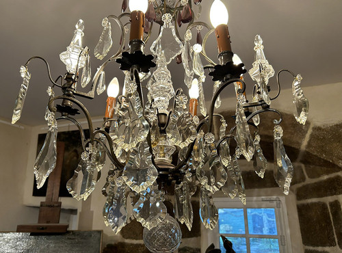 Lampadario a 6 luci in bronzo con pendenti in cristallo tagliato Coltelli XIX secolo