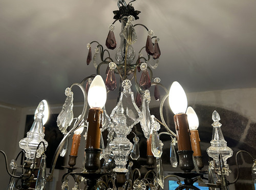Lampadario a 6 luci in bronzo con pendenti in cristallo tagliato Coltelli XIX secolo