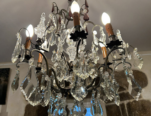 Lampadario a 6 luci in bronzo con pendenti in cristallo tagliato Coltelli XIX secolo