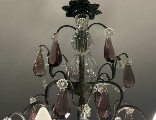 Lampadario a 6 luci in bronzo con pendenti in cristallo tagliato Coltelli XIX secolo
