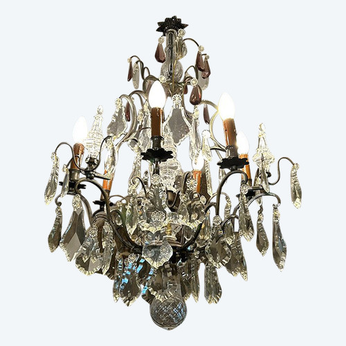 Lampadario a 6 luci in bronzo con pendenti in cristallo tagliato Coltelli XIX secolo