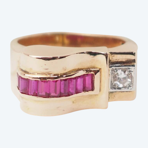 Bague Tank en or rose, rubis et diamants 