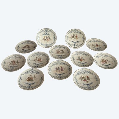 12 Piatti A Dessert Sarreguemines Decor Scena di vita XIX