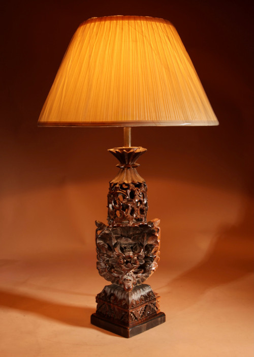  Indonesian, possibly Bali, original carved hardwood table lamp.