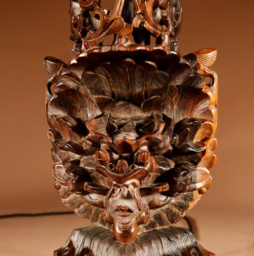  Indonesian, possibly Bali, original carved hardwood table lamp.
