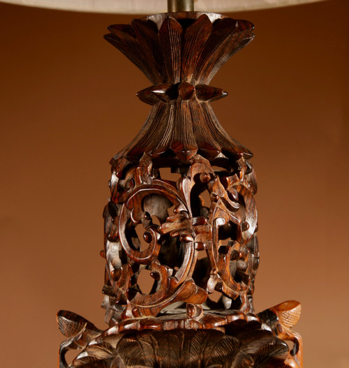  Indonesian, possibly Bali, original carved hardwood table lamp.