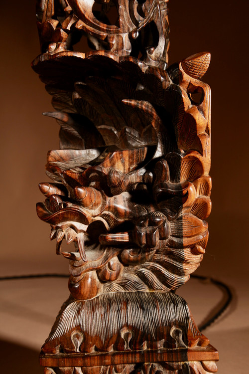  Indonesian, possibly Bali, original carved hardwood table lamp.