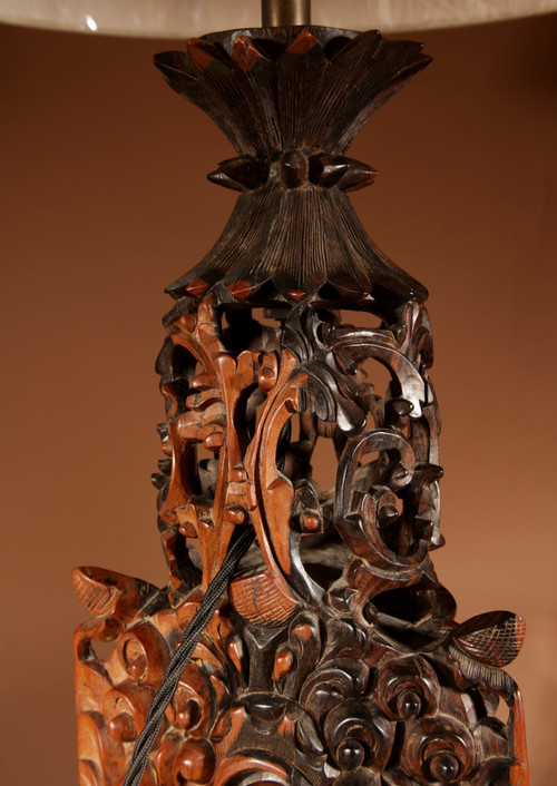  Indonesian, possibly Bali, original carved hardwood table lamp.