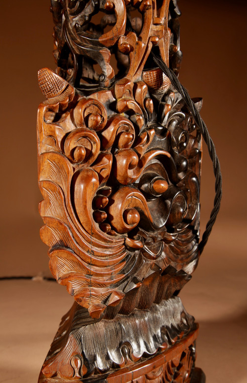  Indonesian, possibly Bali, original carved hardwood table lamp.