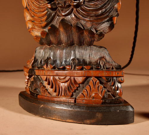  Indonesian, possibly Bali, original carved hardwood table lamp.