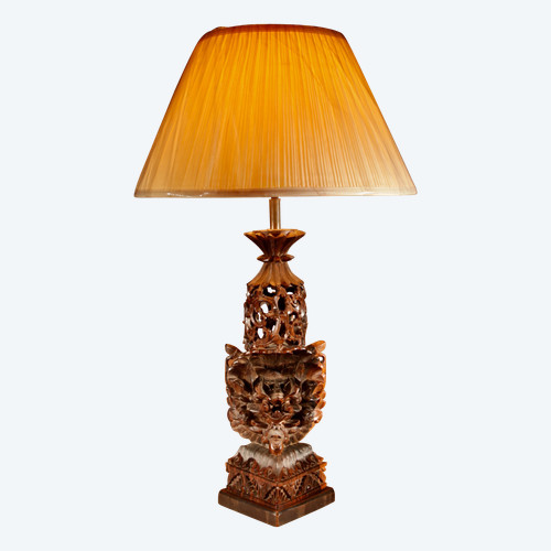  Indonesian, possibly Bali, original carved hardwood table lamp.
