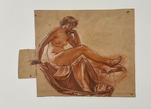 Preparatory drawing with three pencils - Alexis-Joseph Mazerolle Female nude with pearl