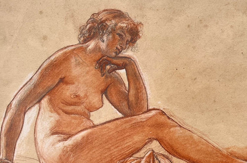 Preparatory drawing with three pencils - Alexis-Joseph Mazerolle Female nude with pearl