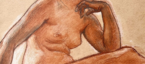 Preparatory drawing with three pencils - Alexis-Joseph Mazerolle Female nude with pearl