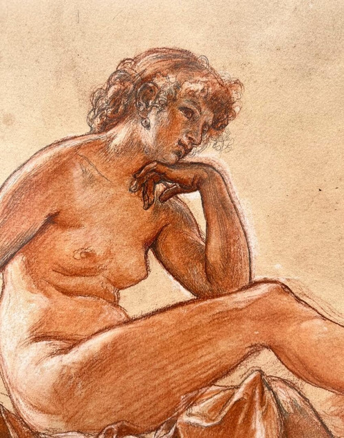 Preparatory drawing with three pencils - Alexis-Joseph Mazerolle Female nude with pearl