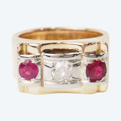 Bague Tank en or rose, rubis et diamants