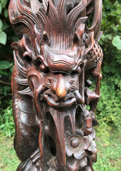 Pedestal, column, Vietnam in solid wood carved with elephants, dragon... ASIA