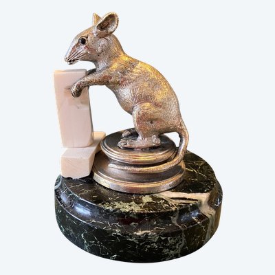 Mouse nibbling sugar. Silver-plated animal bronze on marble base. 19th century