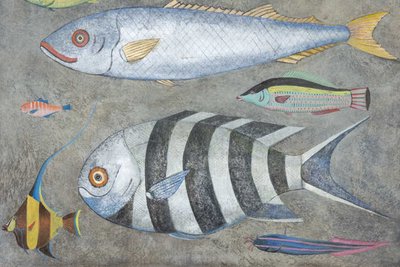 Toile peinte représentant une planche de poissons. Travail contemporain. LS6026911A
